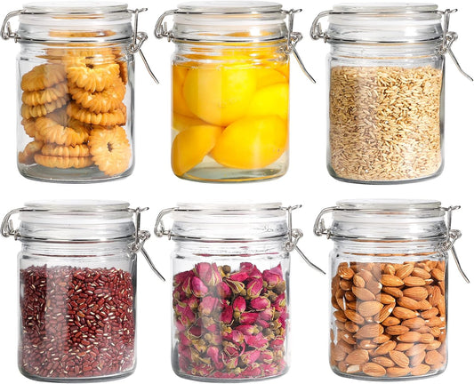 Airtight Glass Canister with Lid Set of 6, 25Oz Food Storage Jar, Mason Jars, Storage Container with Seal Wire Clamp Fastening for Kitchen Fermenting Preserving Canning Pasta Flour Cereal